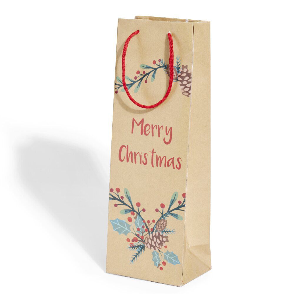 Sac bouteille No&euml;l papier recyclé marron 12x8,5xH35cm (3 modèles)