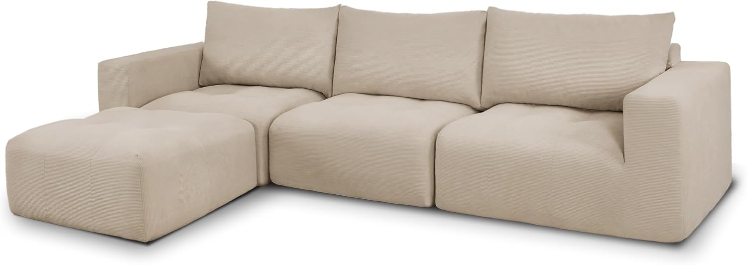MCombo 121 Modular Sofa Couch, No Assembly Required, L Shaped Compressed Sectional Sofa with Ottoman, Deep Seat Upholstered Boneless Couch for Living Room, SS378 (Light Brown)