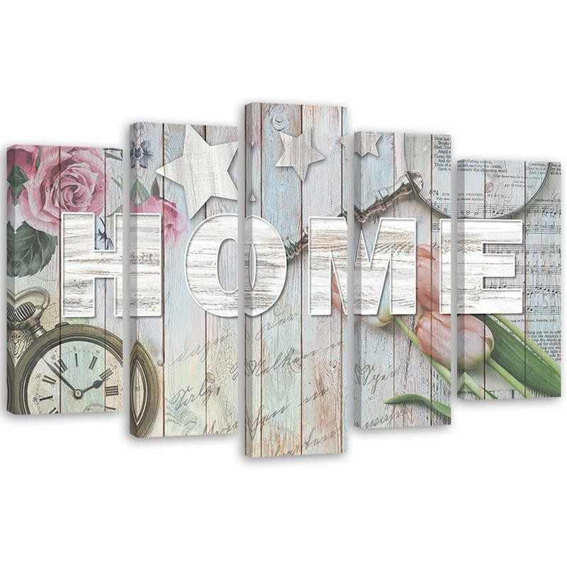 Feeby Obraz 5 częściowy Napis Home szare drewno 100x70