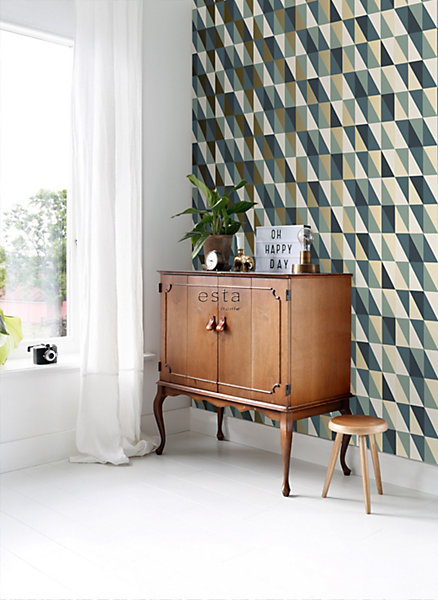 ESTAhome papier peint triangles graphiques or, vert et bleu 53 cm x 10.05 m