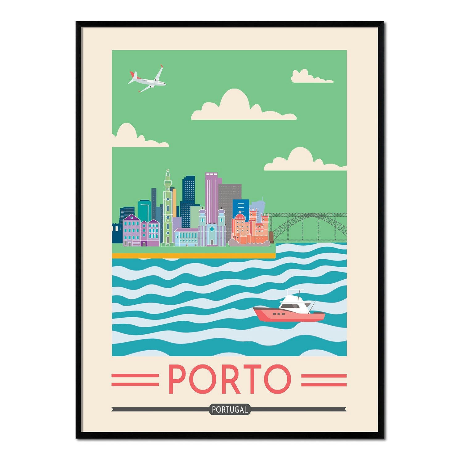 CIUDADES - Affiche avec cadre noir - Porto - 50x70