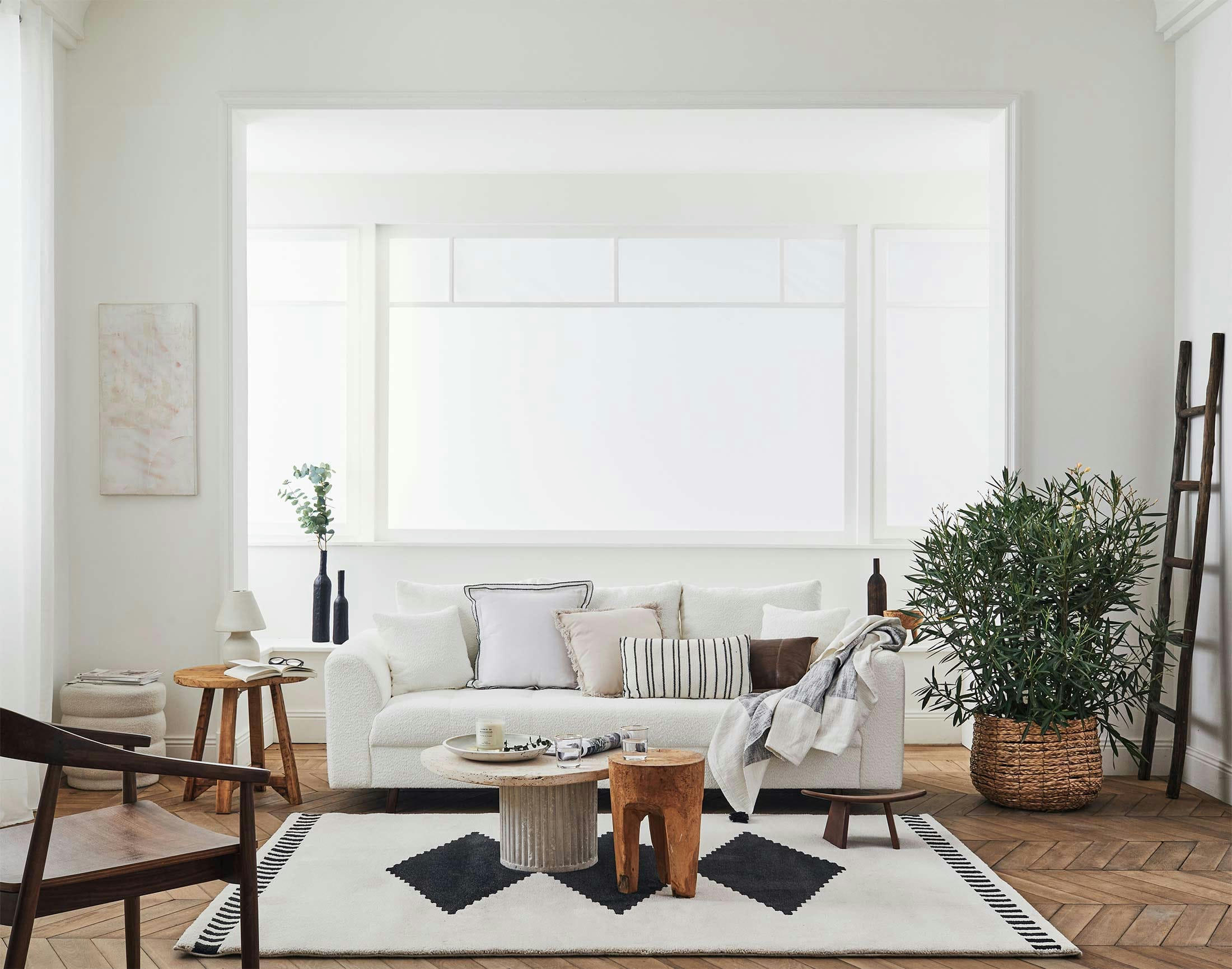 RUNE - Canapé droit 3 places en tissu bouclette blanc