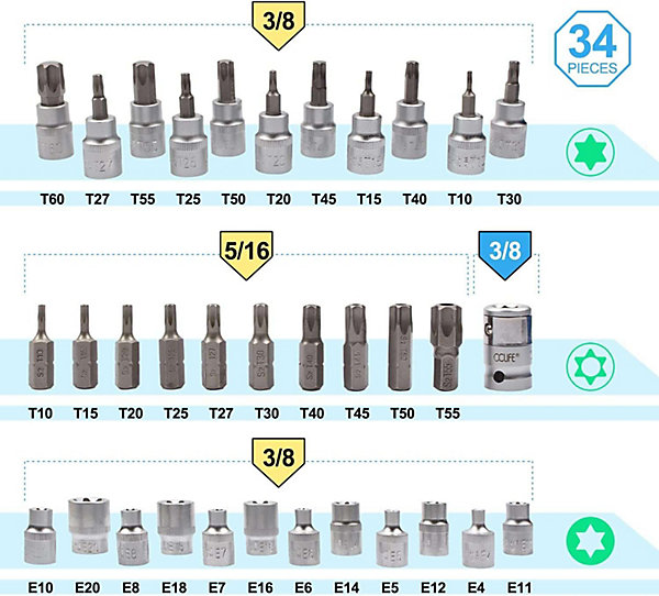 Coffret douilles torx femelle et embouts etoile acier S2 34 pieces adaptateur 3/8 a 5/16 - CCLIFE