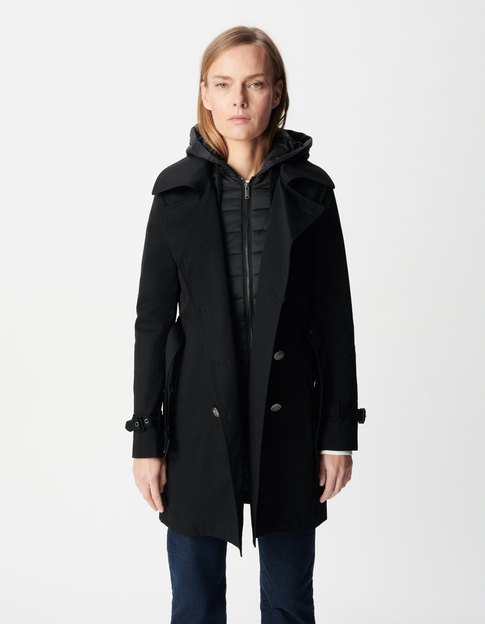 Trench noir capuche nylon amovible Femme