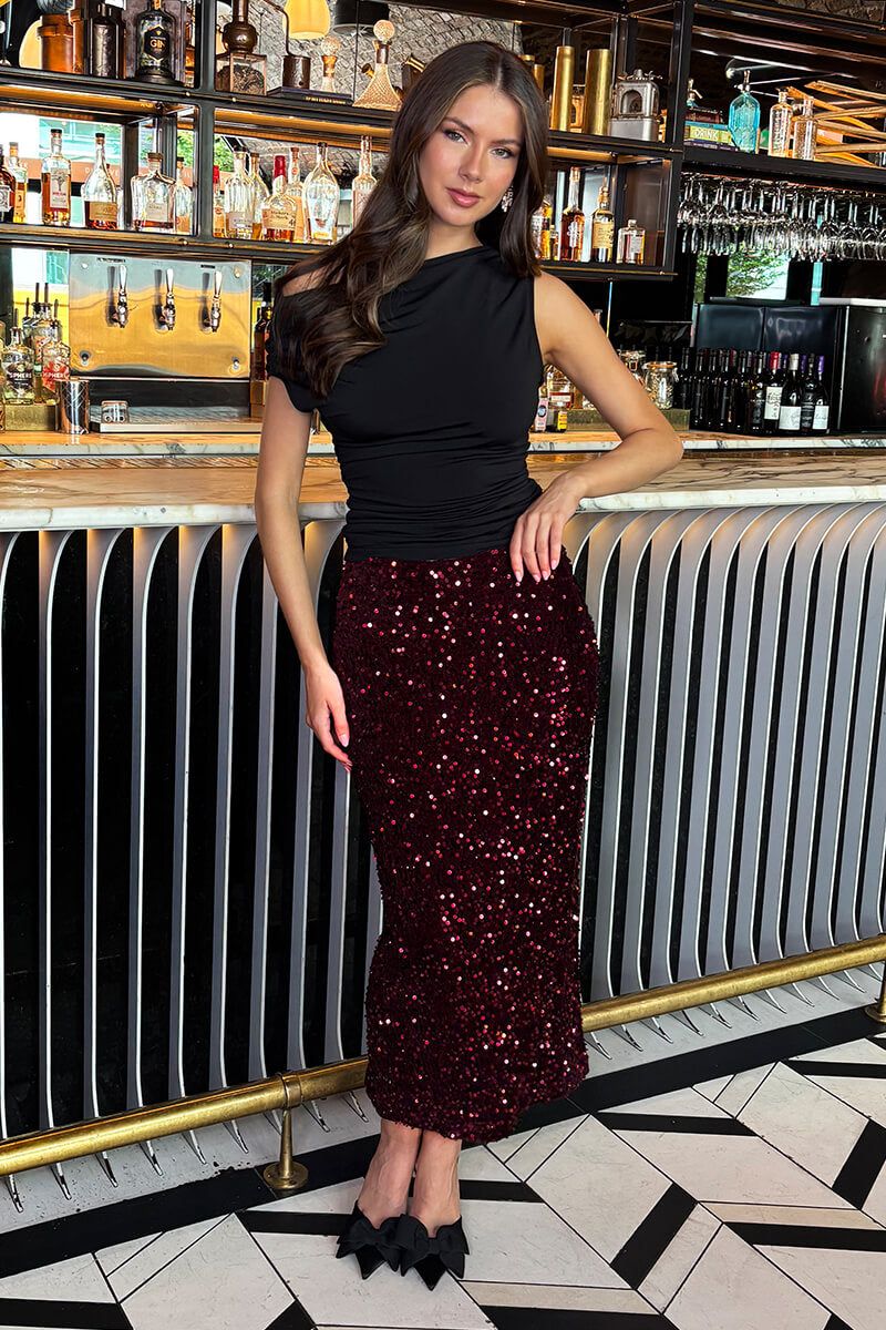 AX Paris Wine Velvet Sequin Midi Skirt