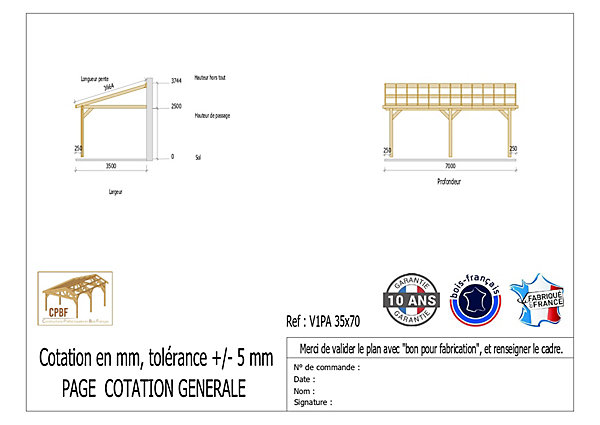 Carport adossé une pente 350cmx700cm, bois DOUGLAS Français (Charpente en bois-auvent-abri voiture) 25 m². Garantie 10 ans