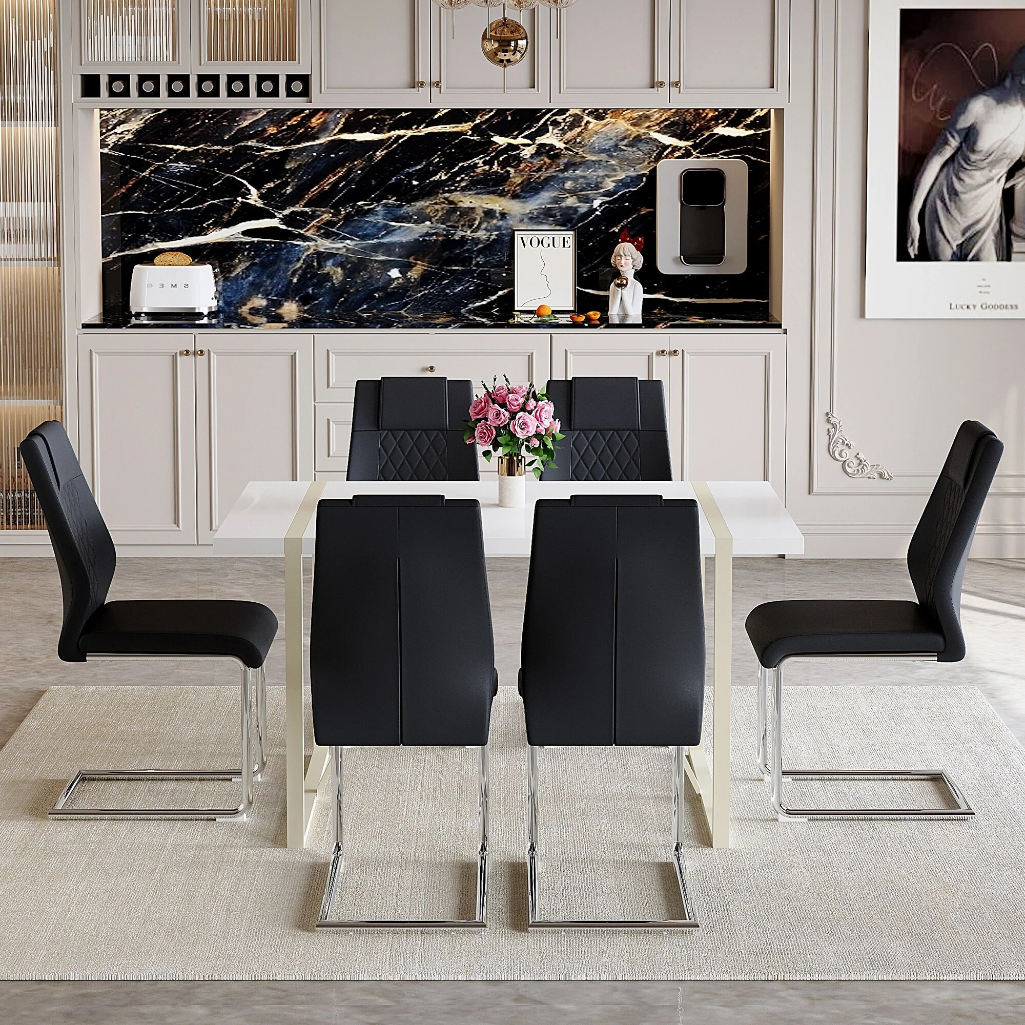 Table and chair set, Cream-Style MDF Dining Table Set with 6 Chairs With Metal Legs,MDF Tabletop and metal frame legs