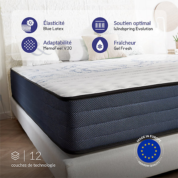 Matelas 150x190 ressorts ensachés - épaisseur 24 cm - Réversible - Couchage Indépendant - Blue Latex - 7 zones - Perfect Dream