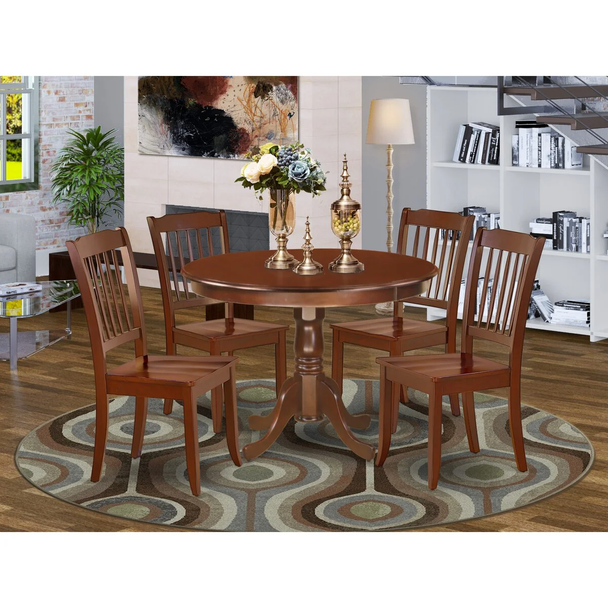 East West Furniture Dining Table Set- a Dining Table with Pedestal and Wood Seat Chairs, Mahogany(Pieces Options)