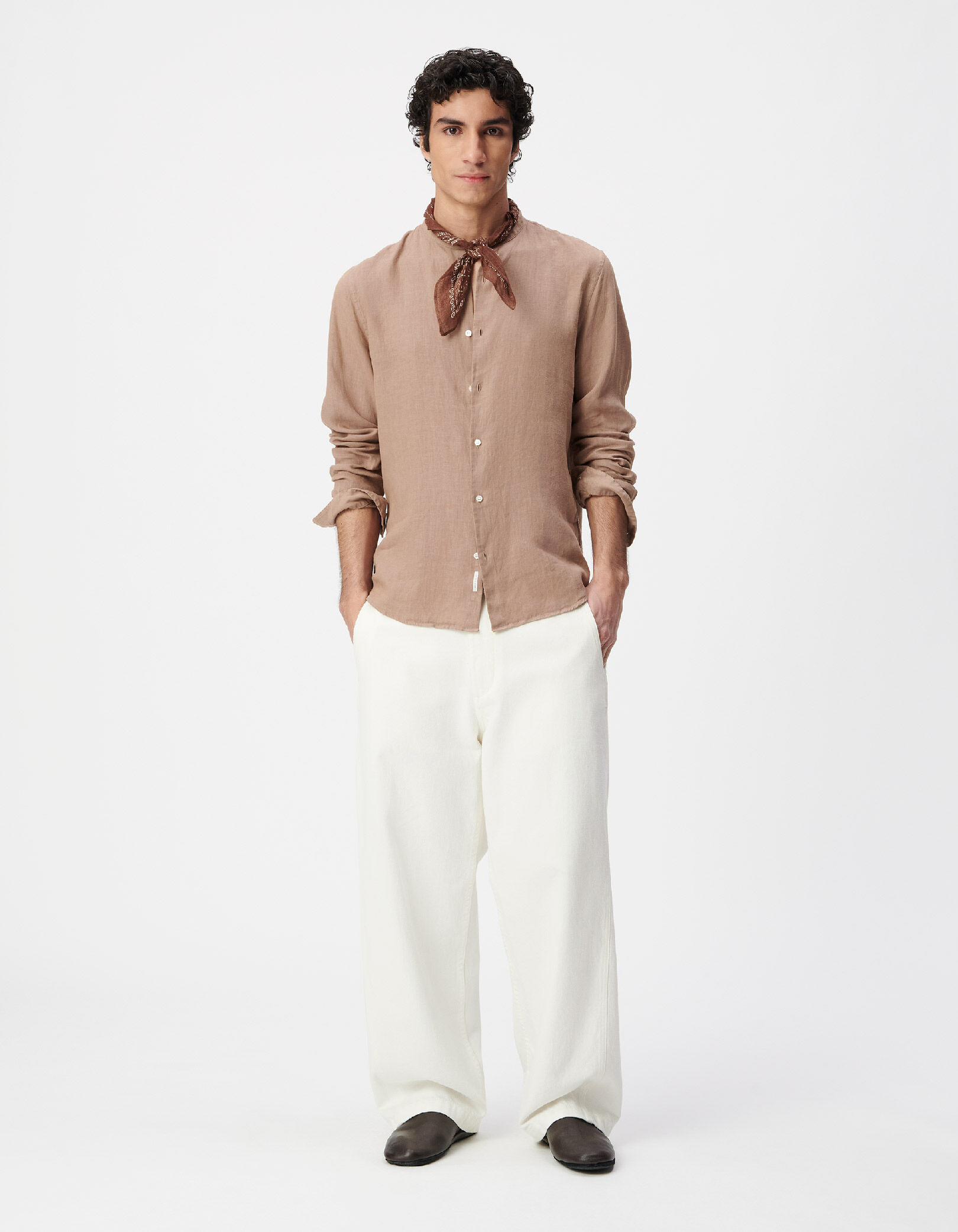 Chemise regular blanche 100% lin col Mao Homme