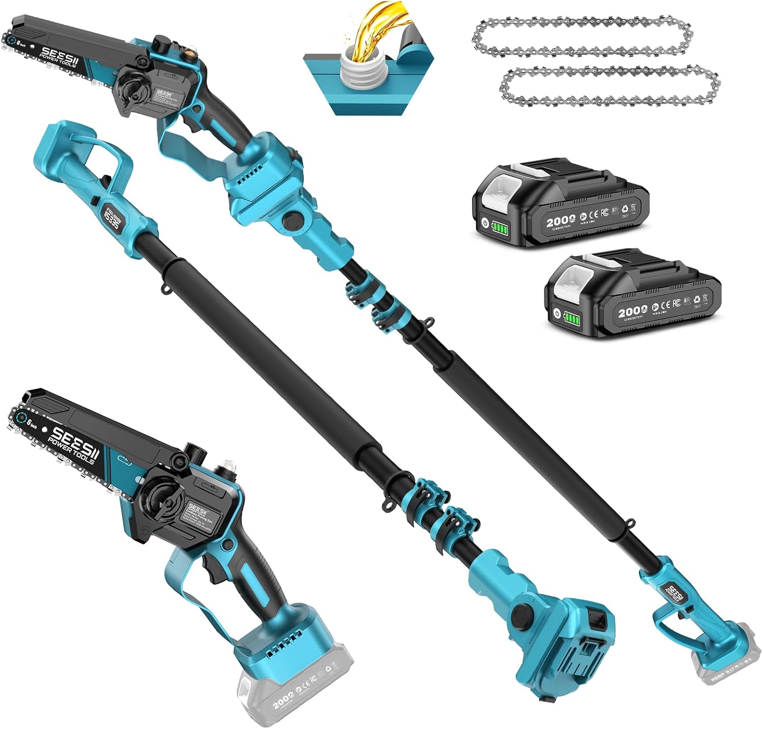 SEESII 2-in-1 Electric Pole Saws for Tree Trimming, 6 Inch Mini Chainsaw Cordless with Extension Pole, Battery Powered Pole Chain Saw, Tree Trimmer Limb Branch Cutter Pruner with 2 Battery PS600