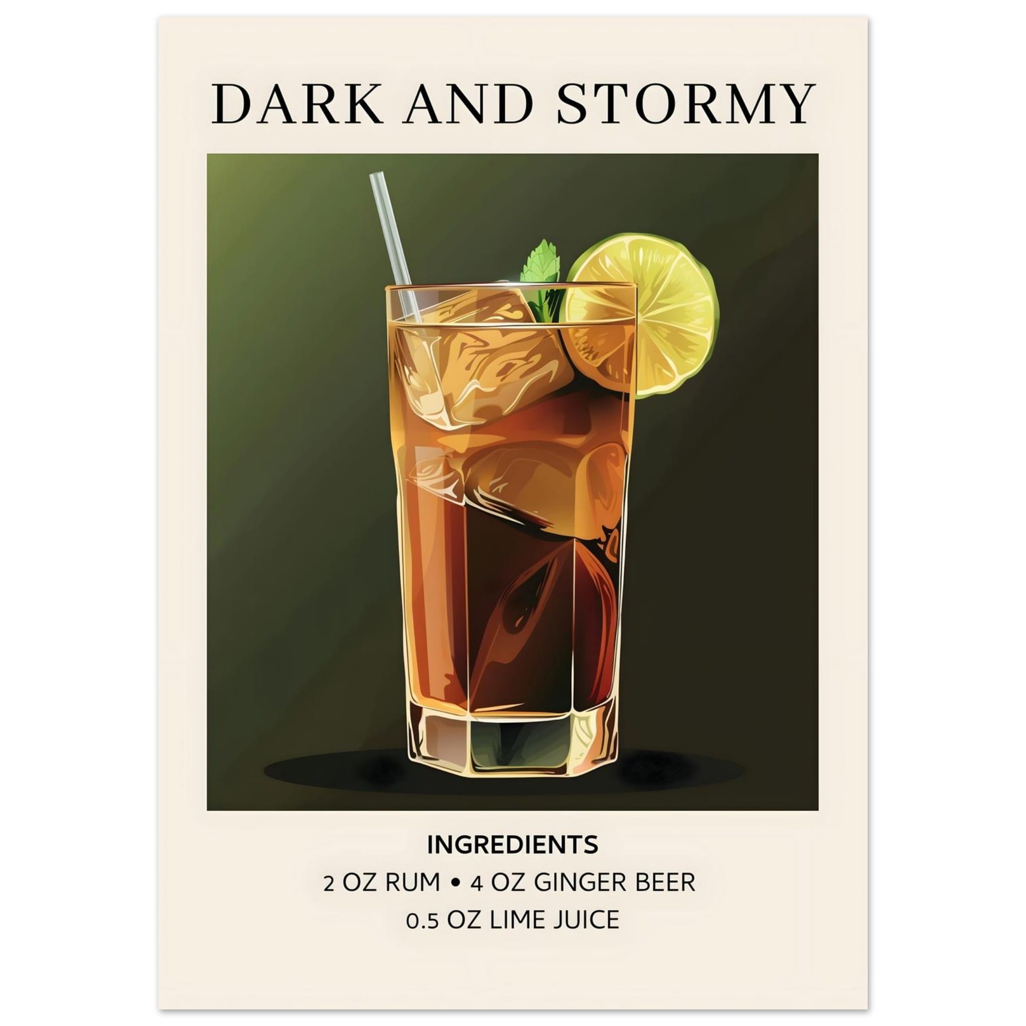 Artfulprints Poster Dark and Stormy cocktail - Ingrediënten  - 50x70 cm - Donkergroen