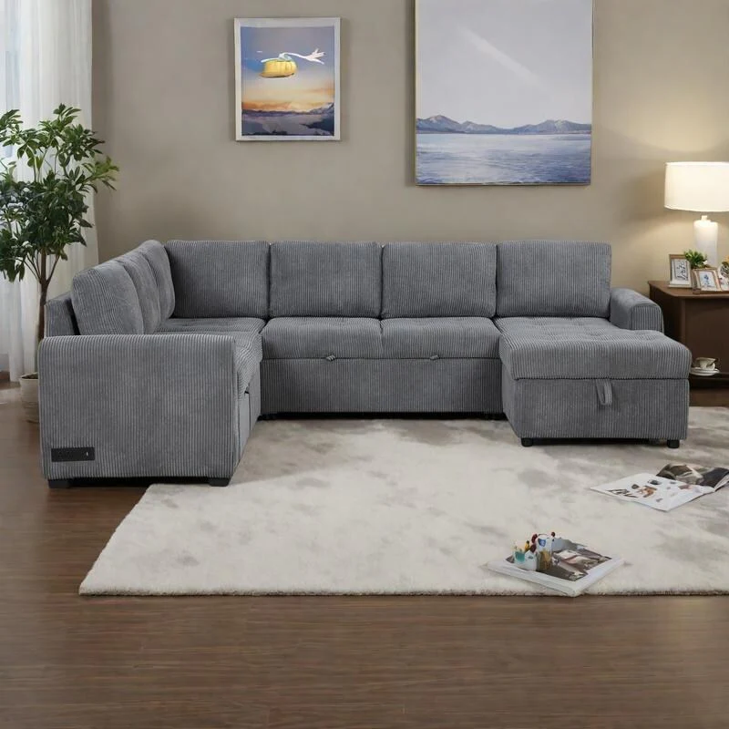 107.5 U-Shaped Corduroy Sectional Sofa with Pull-Out Bed, Storage Chaise, USB Ports and Power Sockets (5-Seater)