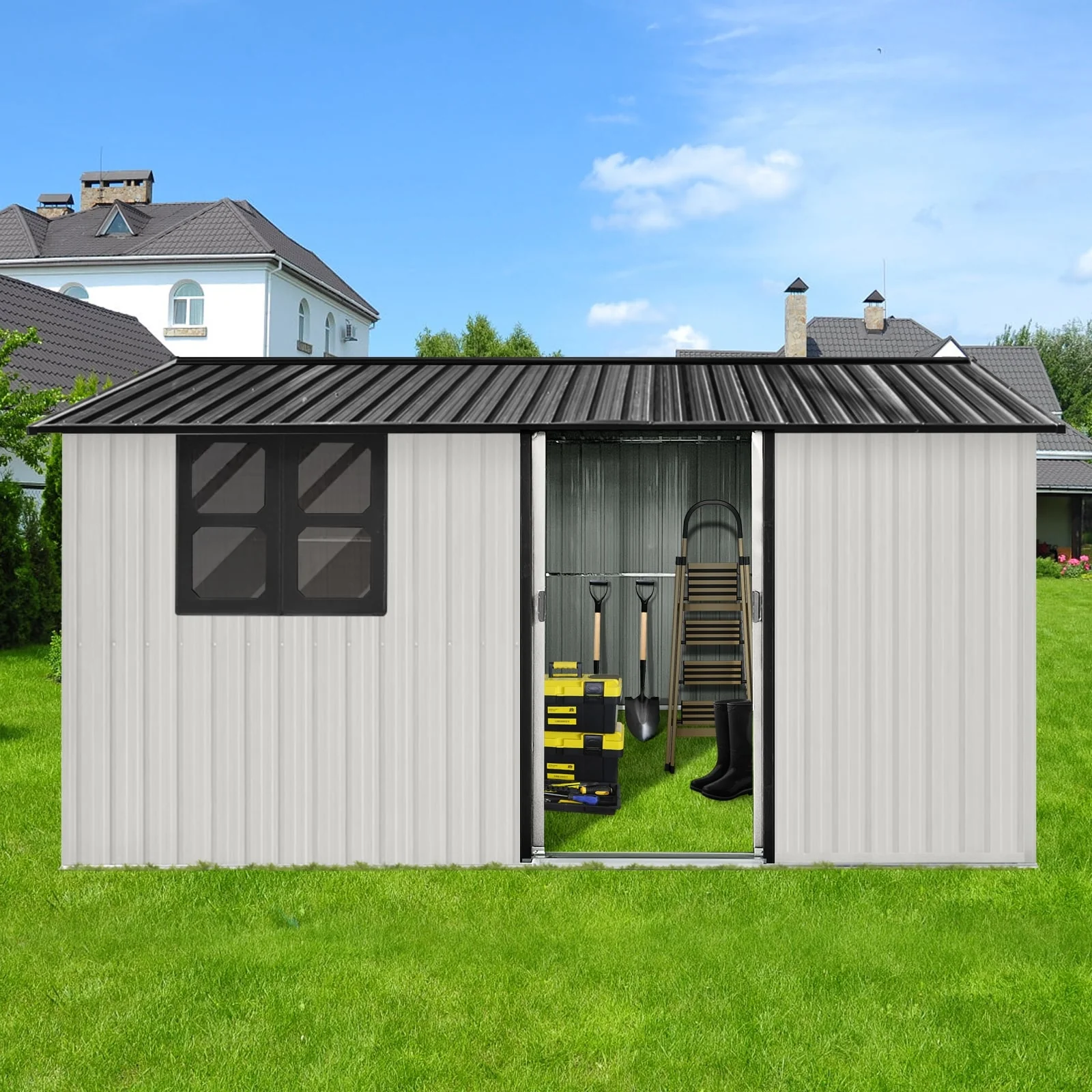 GDFStudio - Jasper Large Metal Garden Shed with Sliding Door, Window, and Durable Apex Roof