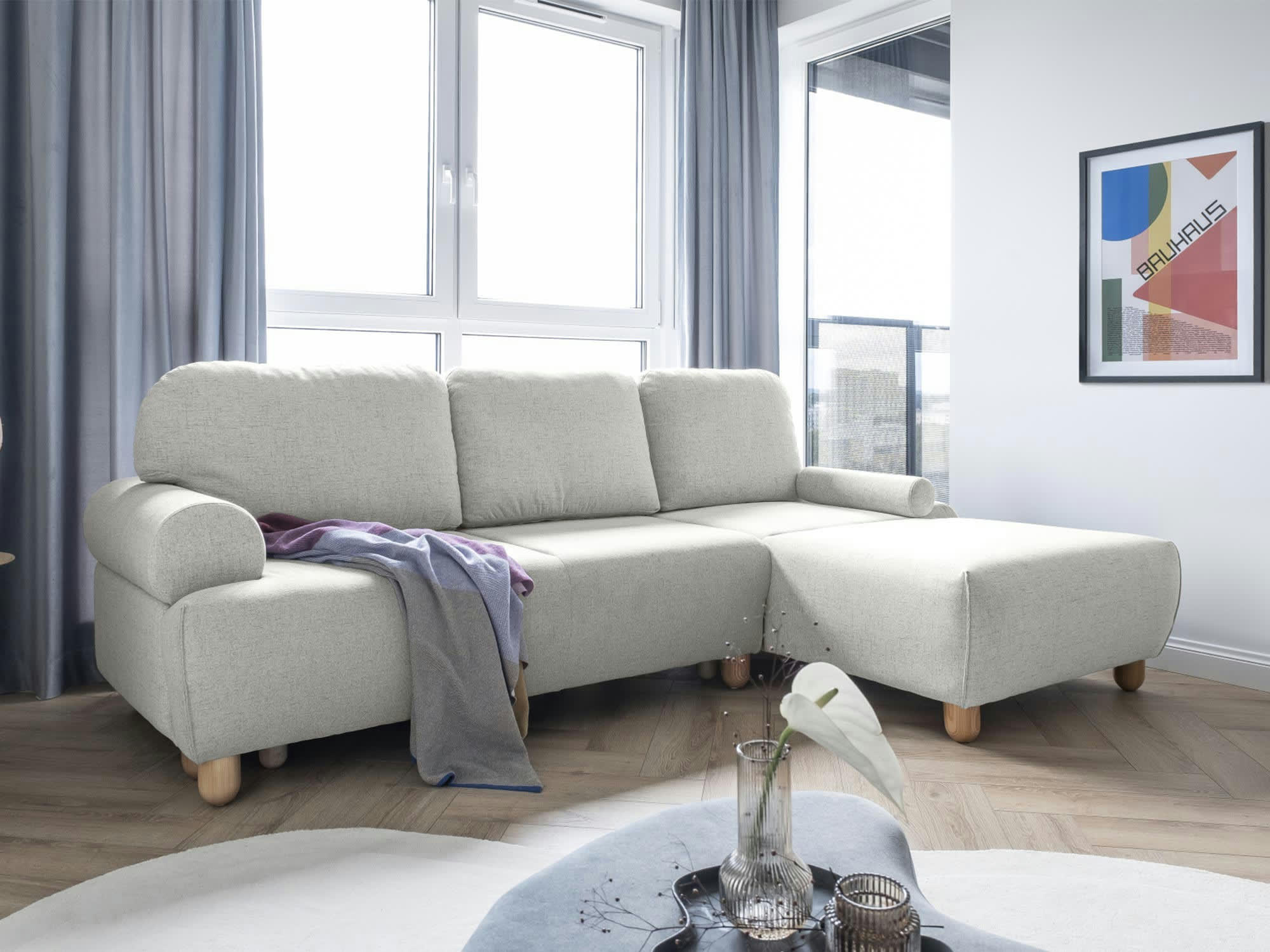 OLLI - Canapé d'angle droit convertible 4 places en tissu beige