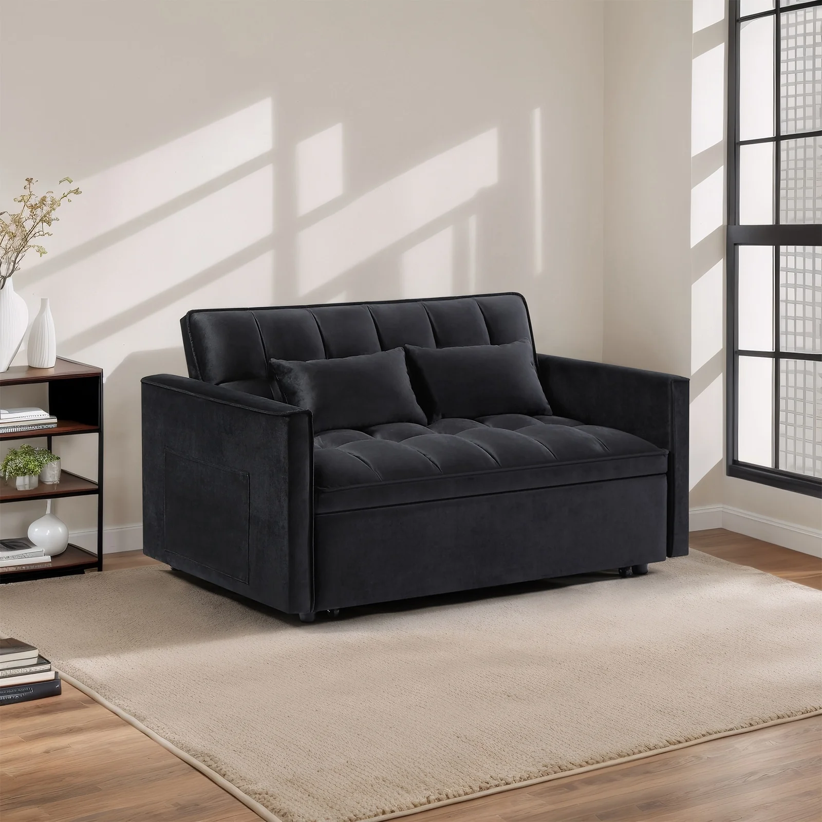 54 Velvet Pull-Out Sofa Bed with Storage Armrests