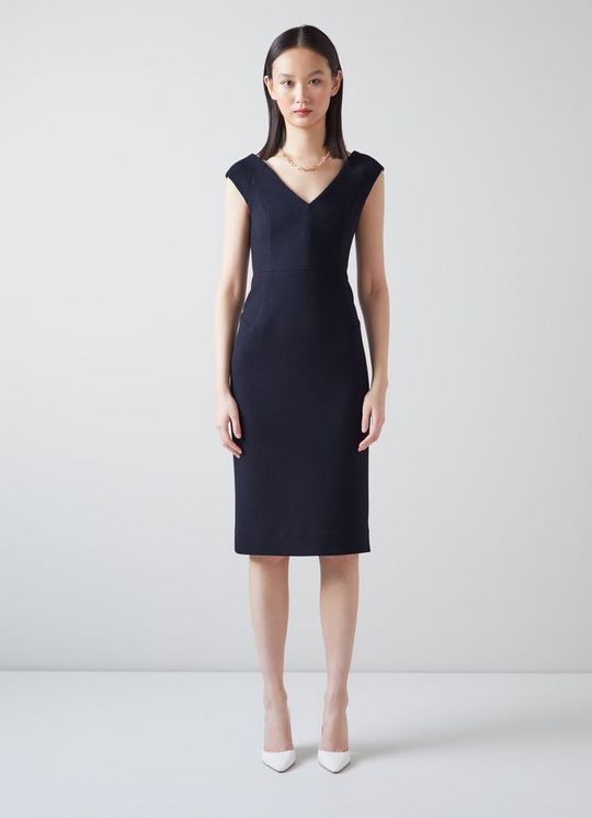 Eden Navy Wool Crepe V-Front Shift Dress