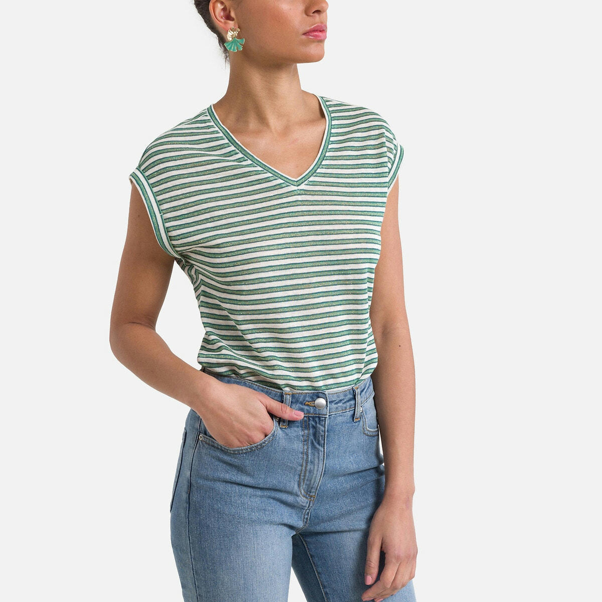 T-shirt rayé en lin, col V, manches courtes
