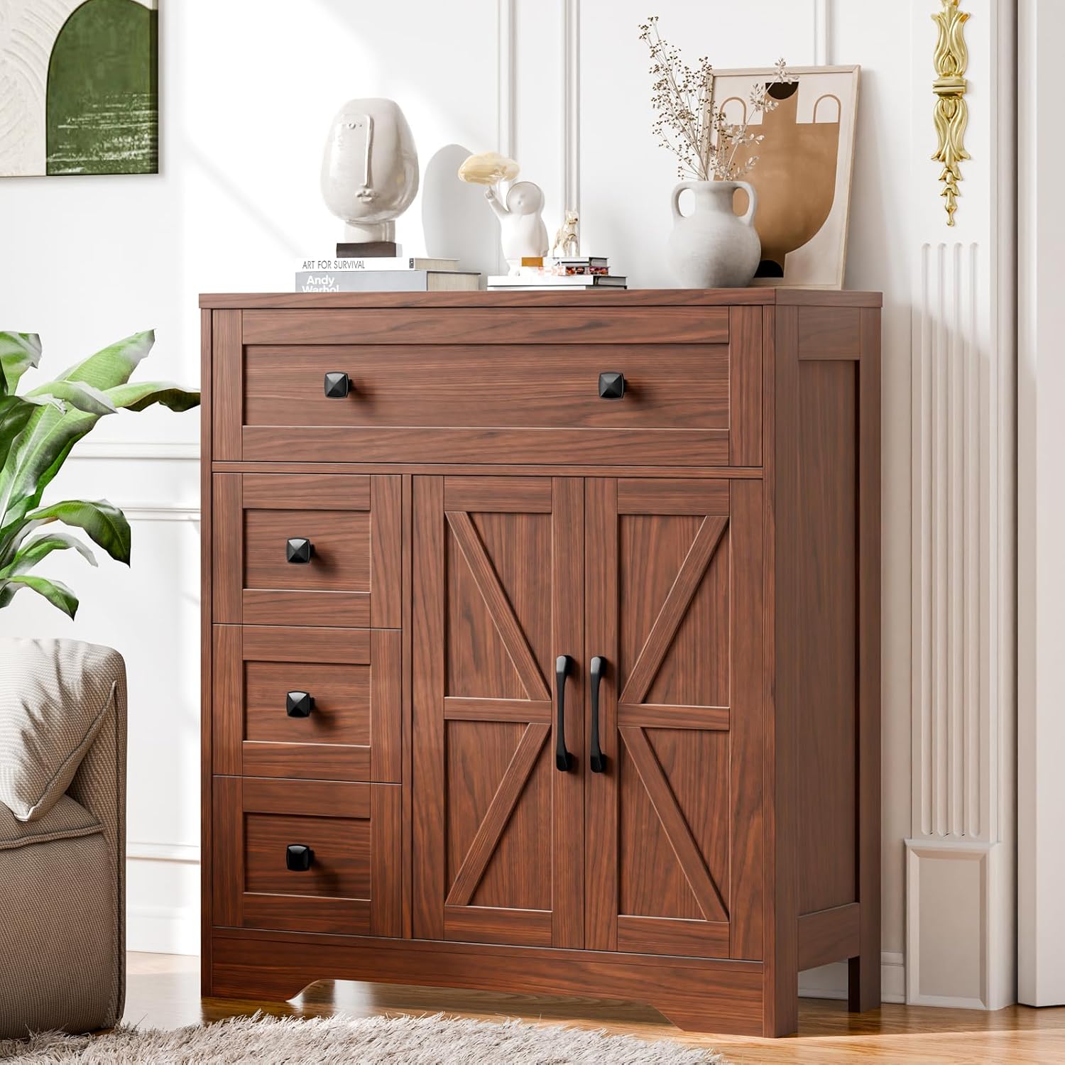 Vabches Farmhouse Storage Cabinet with 2 Doors and 4 Drawers, Freestanding Bathroom Storage Cabinet Kitchen Pantry, Floor Hutch Cupboard for Living Room/Bathroom/Kitchen,Walnut