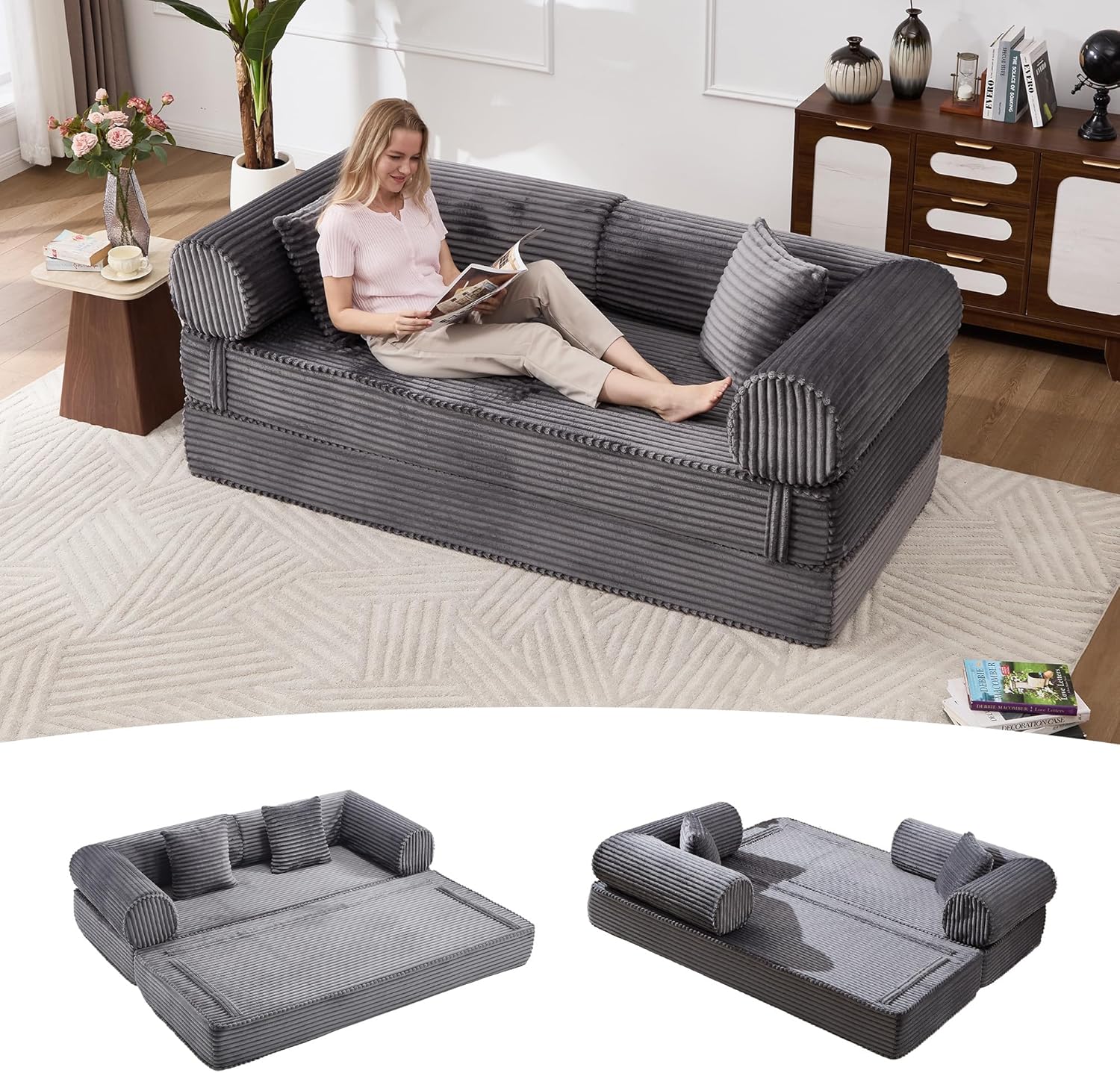 Tbfit Boneless Sofa Bed, Corduroy Compress Couch with Wide Armrests & 2 Pillows, Deep Seat Couches for Living Room, Gray