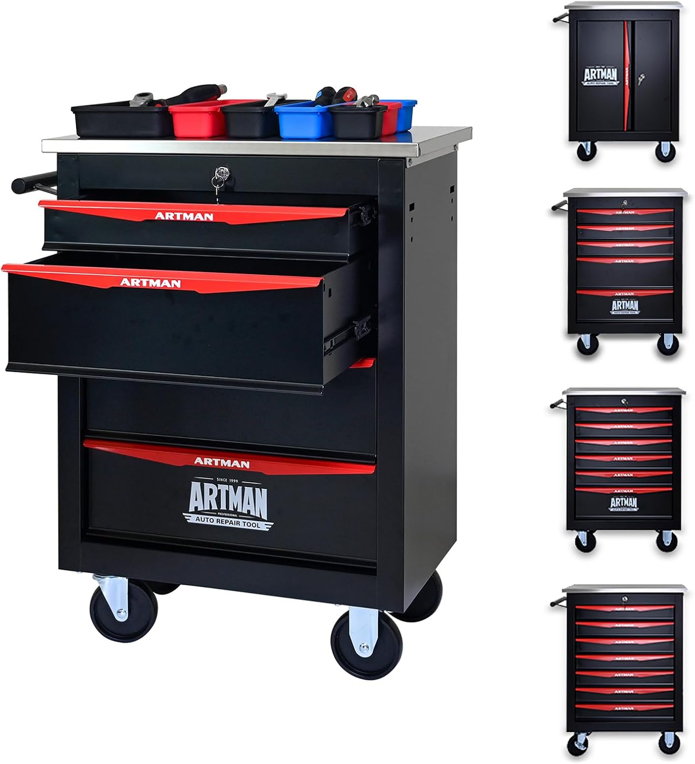 4-Drawer Rolling Tool Chest, Black & Red Modular Tool Box with Wheels, Heavy-Duty Rolling Tool Cabinet for Garage & Workshop Storage