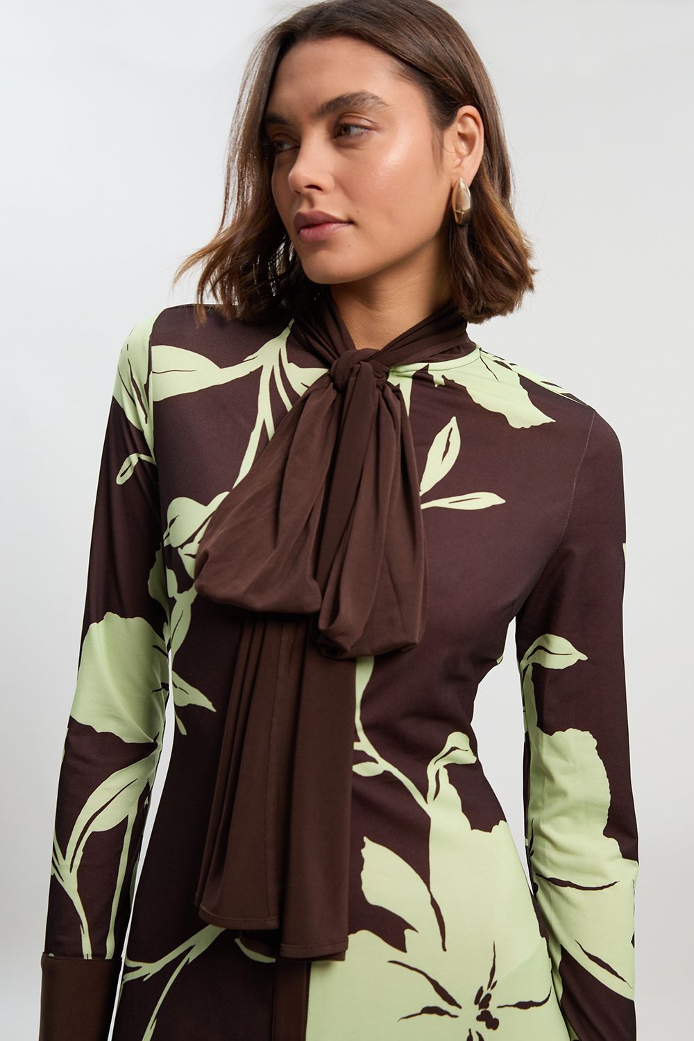 KarenMillen Floral Print Bow Detail Ruched Long Sleeve Crepe Maxi Dress