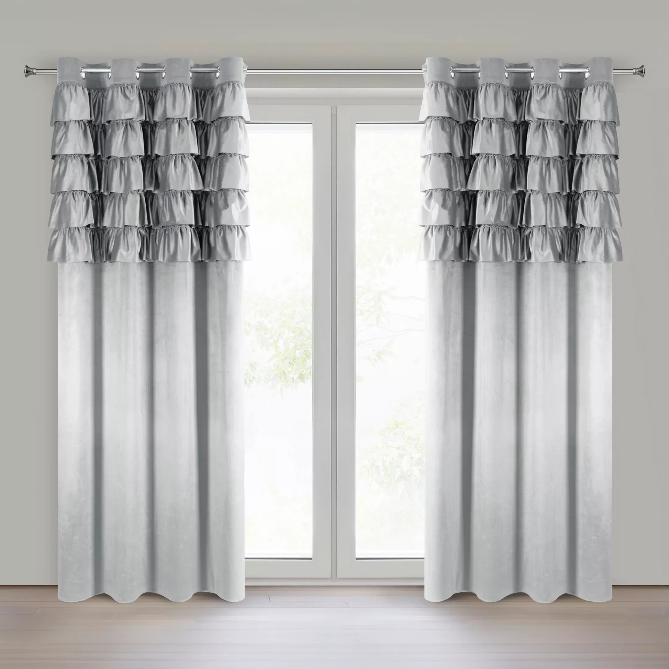 Zasłona welwetowa srebrna zdobiona falbanami 140x250 cm przelotka - AURA