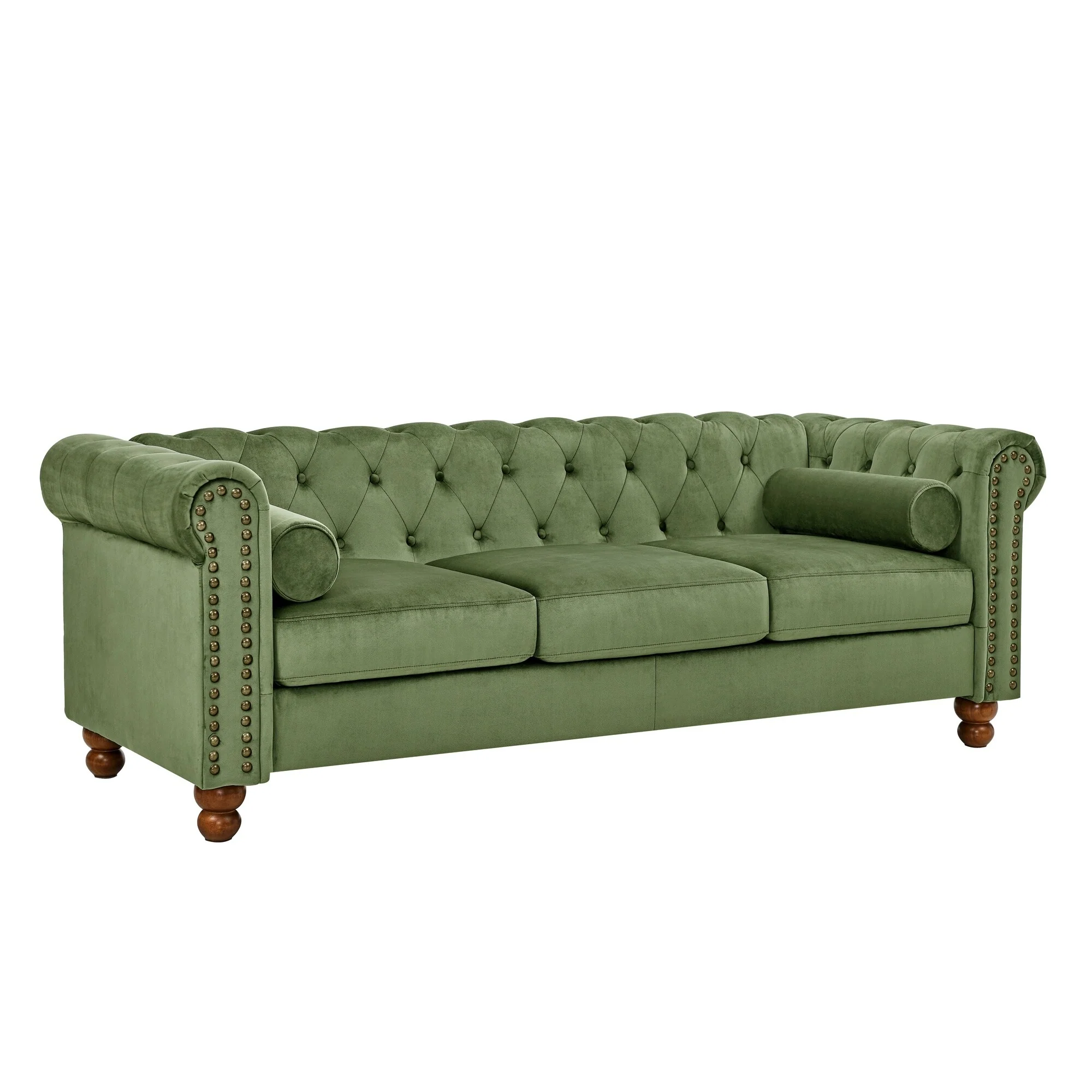 Green 74.5'' Velvet 3 Seater Soft Couch with Tufted Design, Button Tufted Backrest, Scrolled Arms, Turned Legs