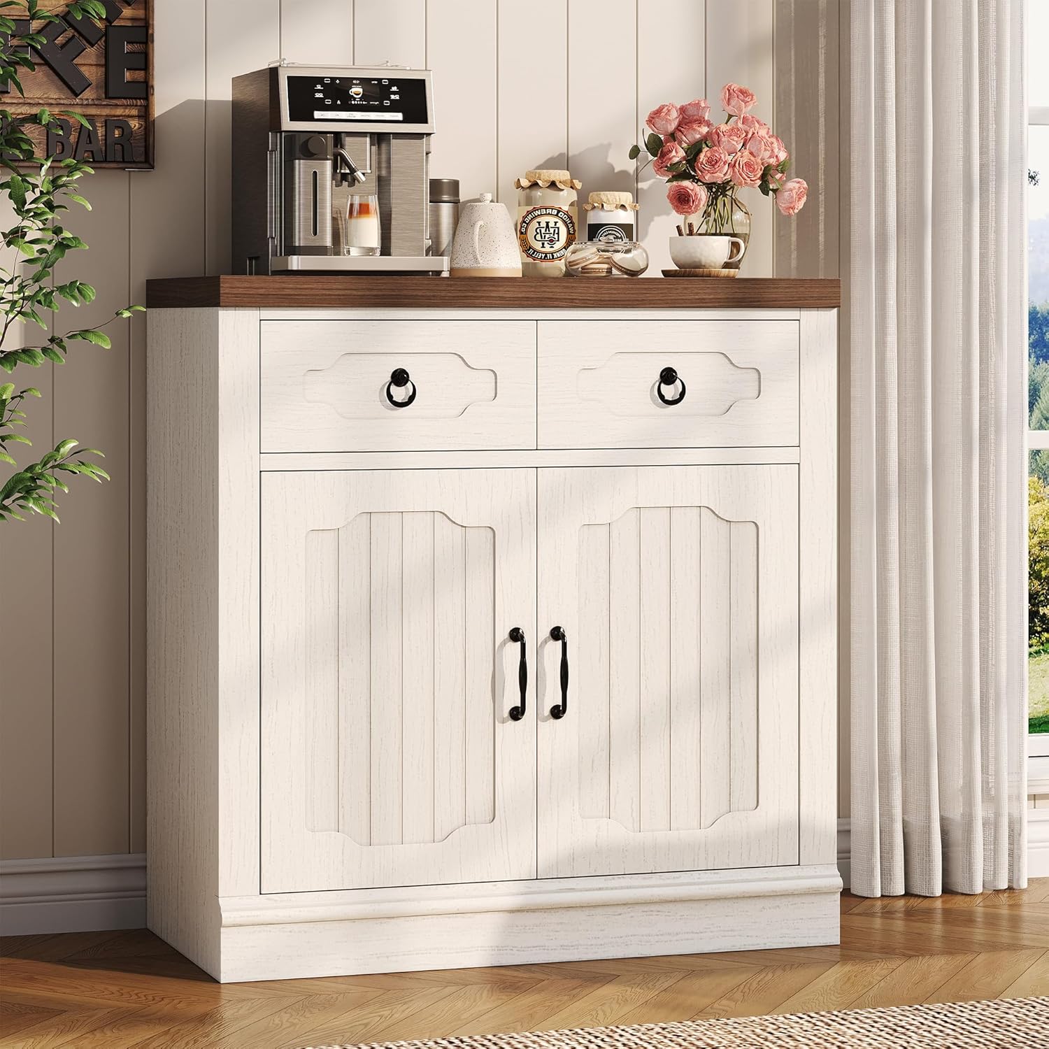 LIKIMIO Storage Cabinet with Doors and Shelves, Farmhouse Kitchen Cabinet with 2 Drawers and Adjustable Shelf, Coffee Bar Cabinet Buffet Sideboard Cabinet for Dining Room, Bathroom, Entryway, White