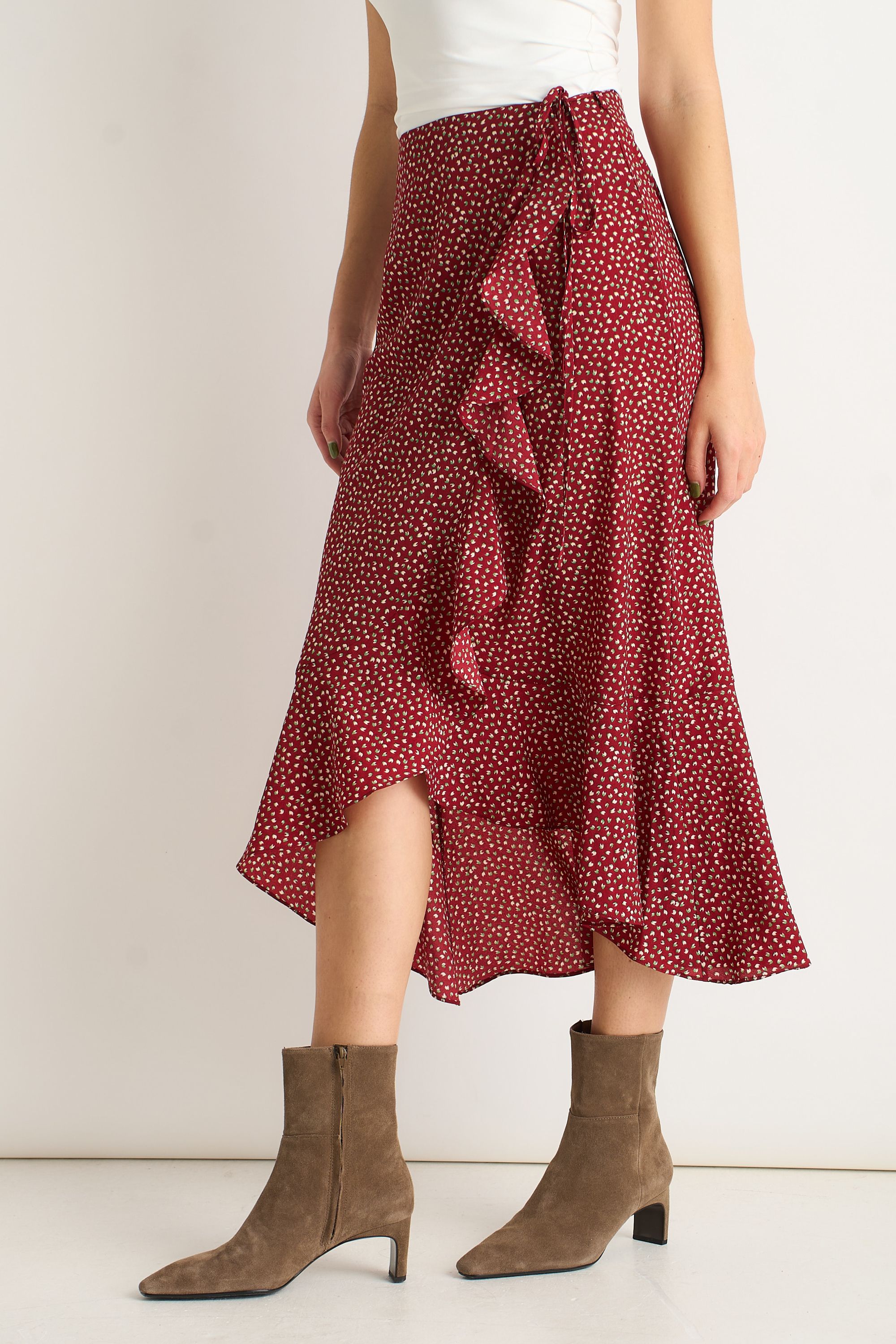 Gini London Red Polka Dot Ruffle Midi Skirt