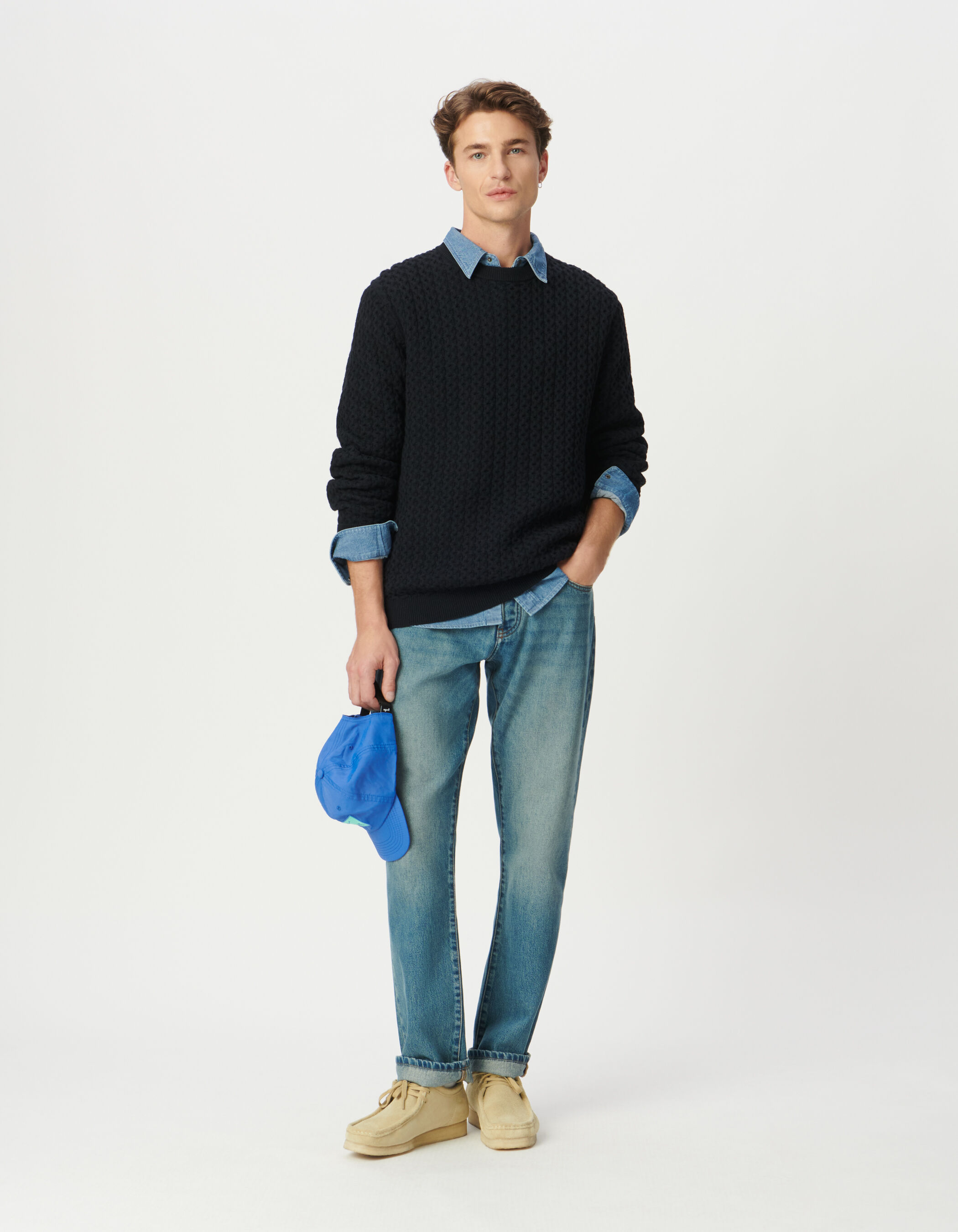 Pull hiver marine tricot relief fantaisie Homme