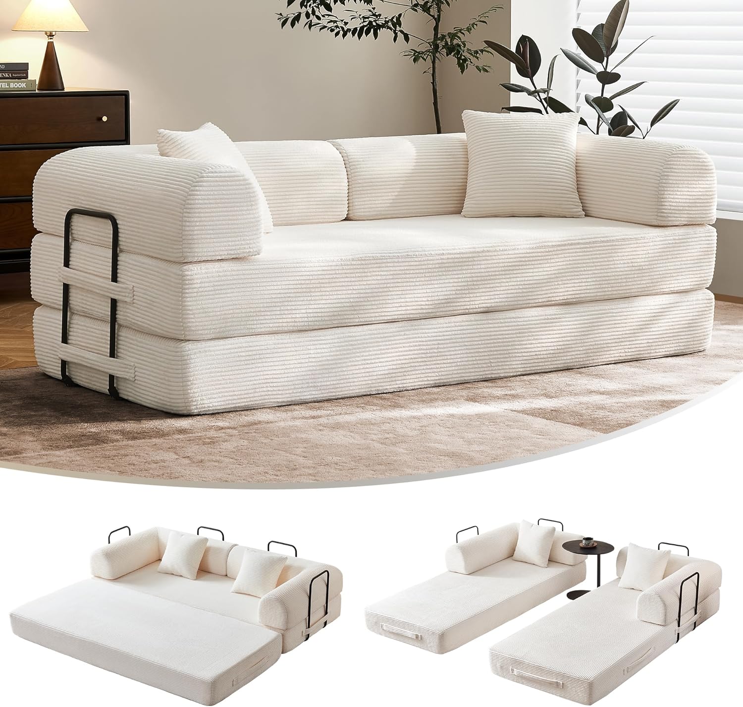 SAVENICA 79 Corduroy Floor Sofa Bed, Convertible Modular Sleeper Sofa, Removable Parts Design, Comfortable Seating and Sleeping, for Family Use, Relaxation Area (Beige White)