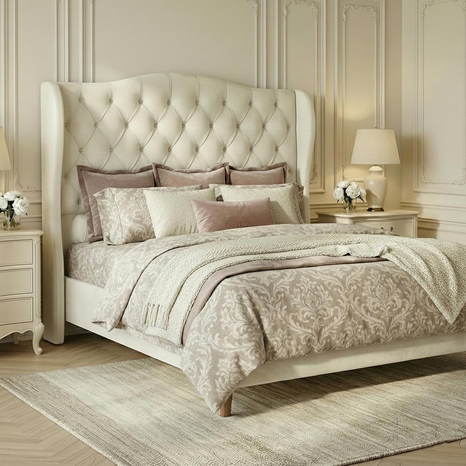 Queen Size Velvet Upholstered Platform Bed Frame, 56 Tall Wingback Headboard with Deep Diamond Tufting, Solid Metal Support (1000lbs), No Box Spring Needed, Cream