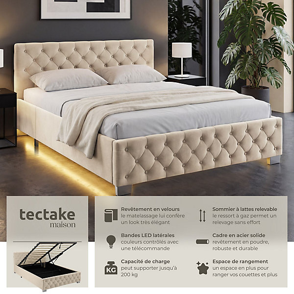 Lit capitonné avec bandes LED et espace de rangement 140x200 sable