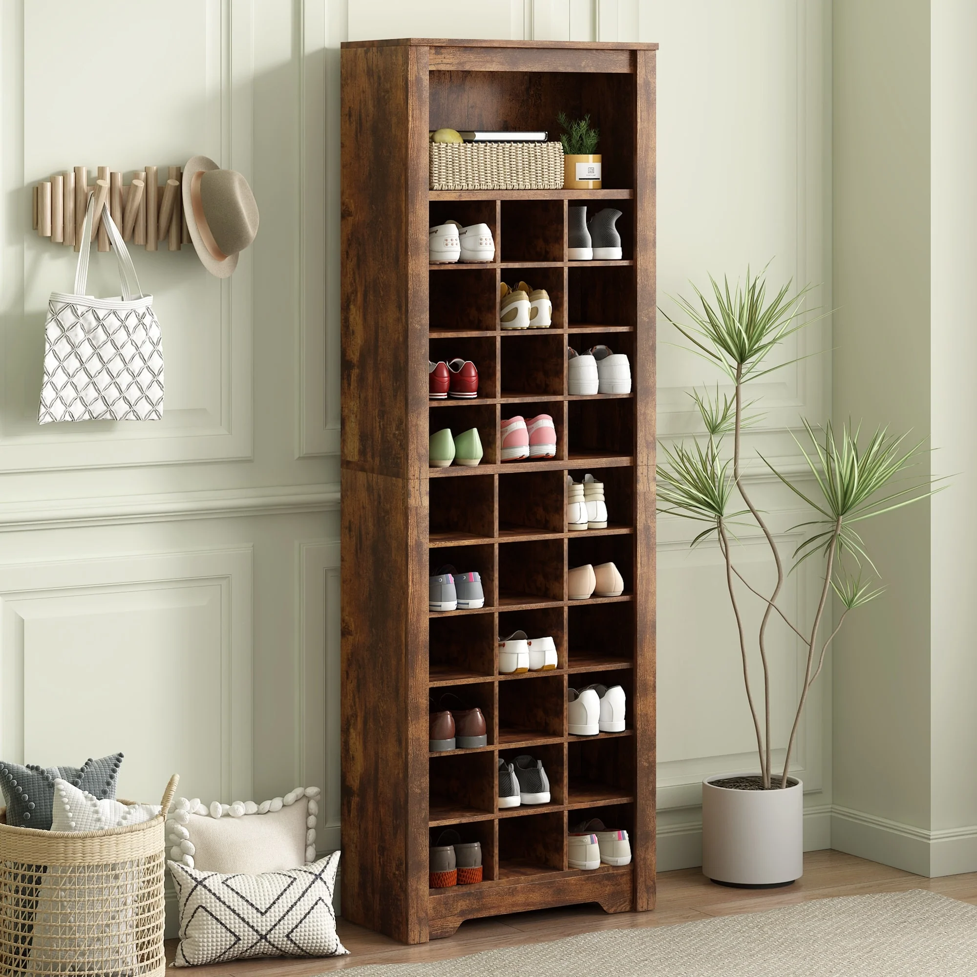 Stylish Design 30 Shoe Cubby Console, Contemporary Shoe Cabinet with Multiple Storage Capacity