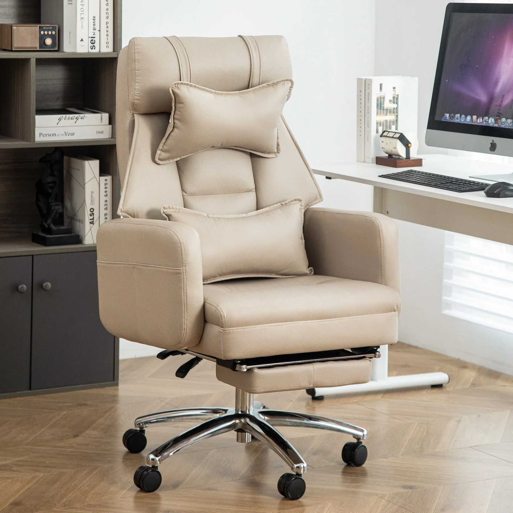 Beige Tech Leather Swivel Office Recliner with Lumbar, Headrest, Adjustable Height