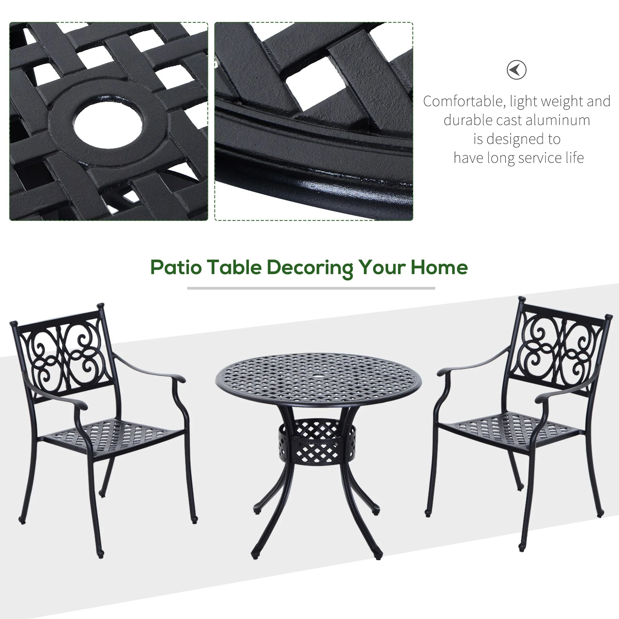 Outsunny Patio Dining Table Round Cast Aluminium Outdoor Bistro Table with Umbrella Hole