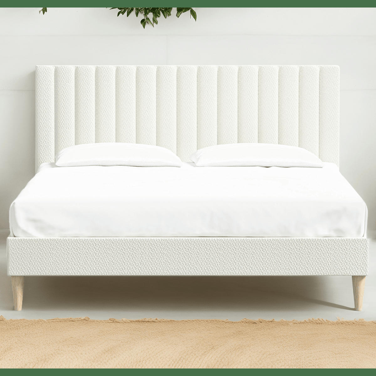 ELIOT - Lit adulte 160x200 en tissu bouclé écru avec tête de lit matelassée