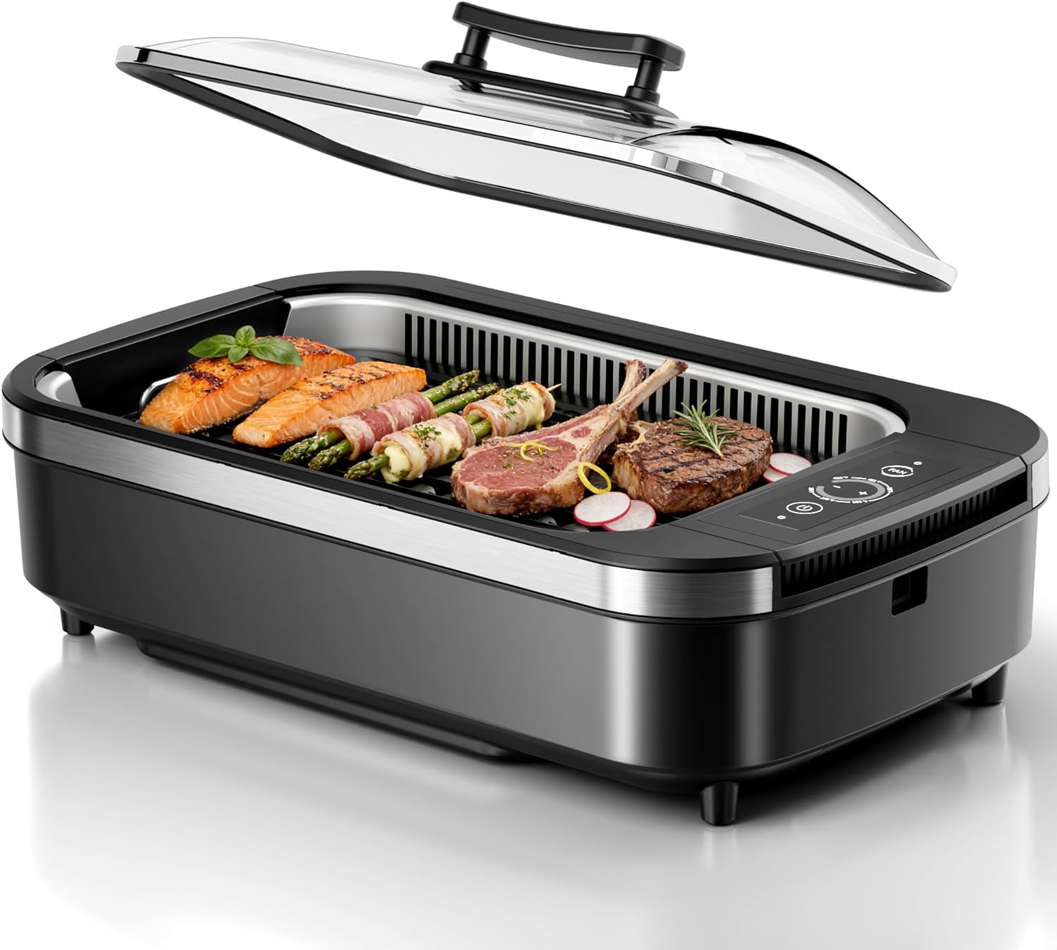 Kismile Smokeless Indoor Grill, 1500W Electric Indoor Grill for Korean BBQ with 6-Level Temp Control, Removable Glass Lid, Non-Stick Grill Plate, Turbo Smoke Extractor, Auto Shut Off & Dishwasher Safe