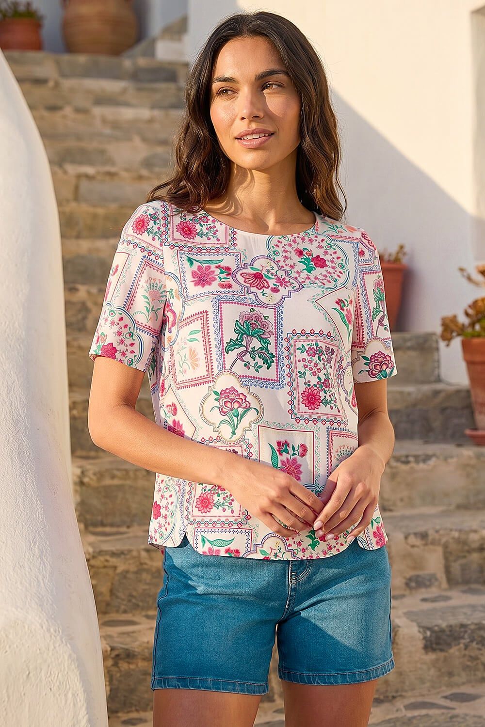 Roman Floral Patchwork Print Tunic Top
