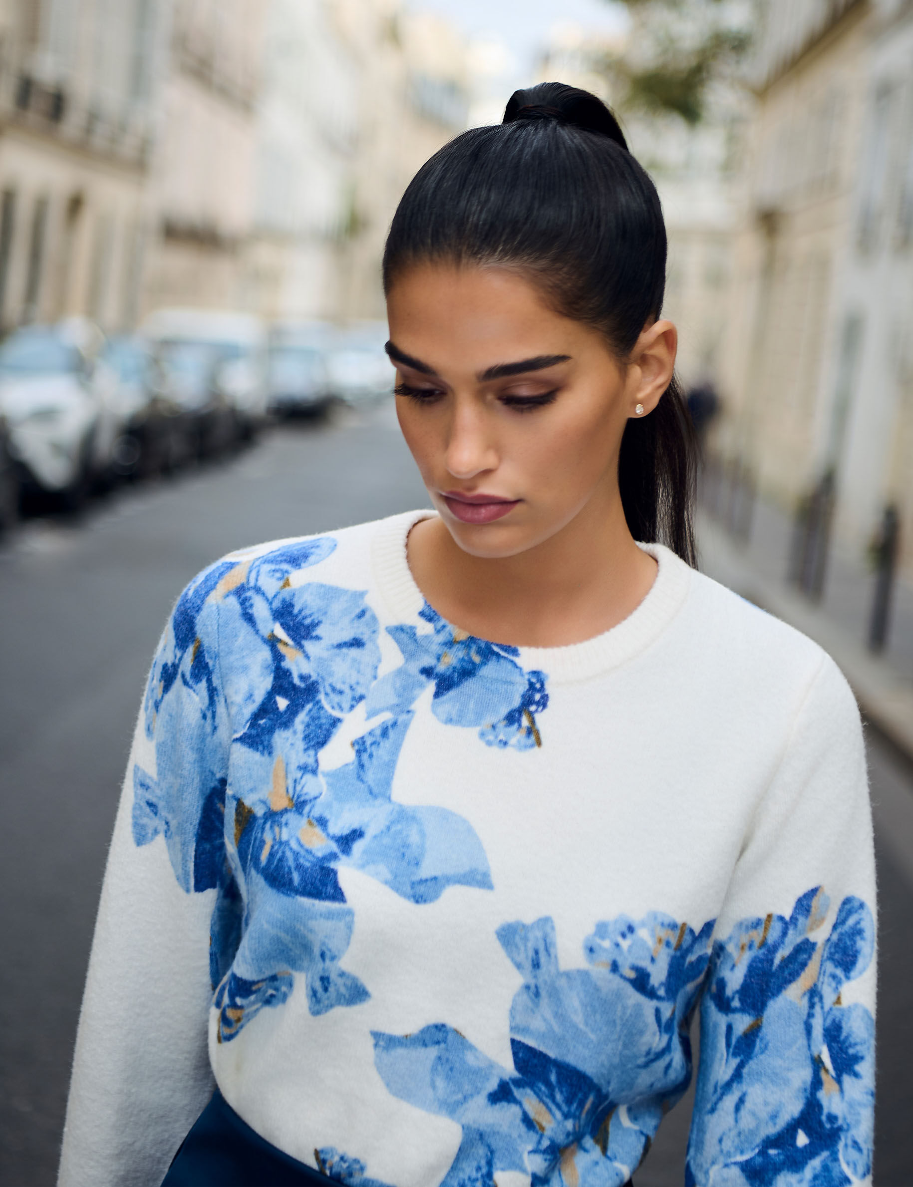 Floral Print Sweater Sky Blue Women