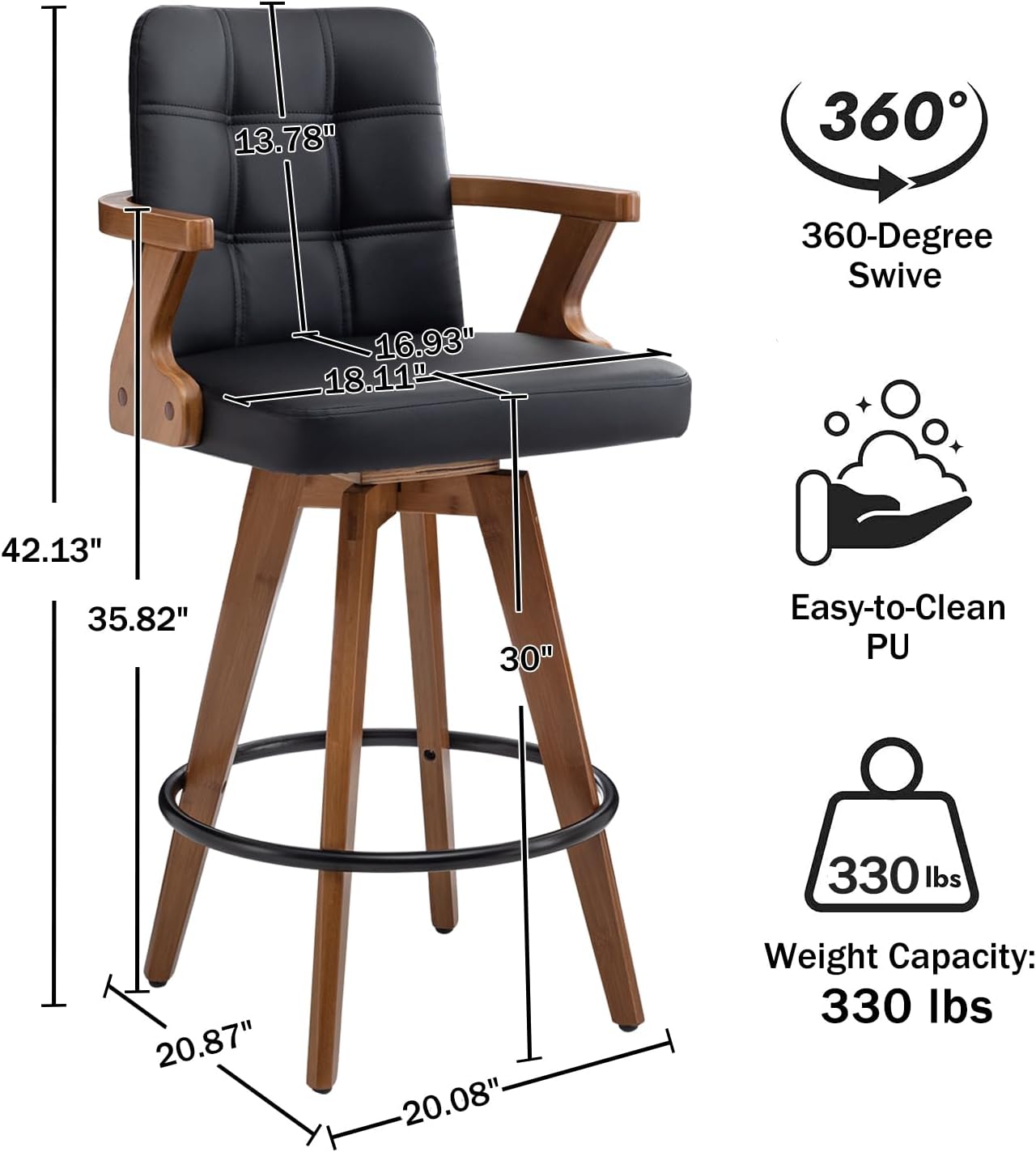 Black Bar Stools Set of 2, Kitchen Bar Stools 30” H,Modern Leather Bar Height Chairs with Back,Kitchen Island Chairs,Swivel Stools for Kitchen Island
