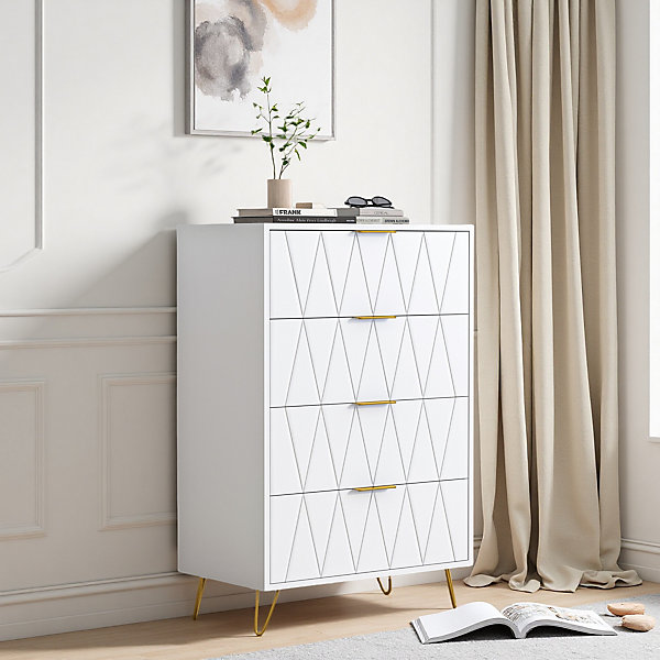 Commode 4 tiroirs blanche avec façades à motif losange en relief, panneaux mélaminés, grande capacité de rangement et robuste