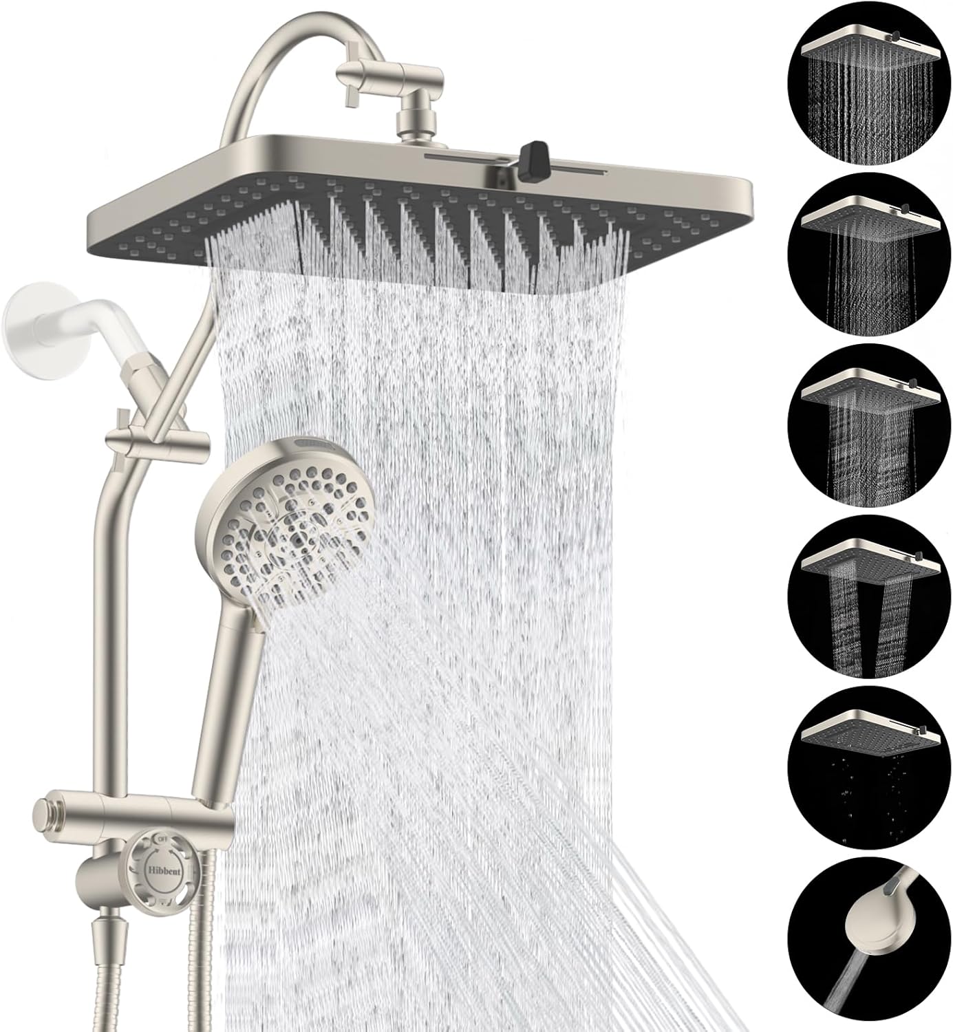 Hibbent cUPC Certified 13'' Shower Head Combo, High Pressure 5 Spray Rainfall Showerhead, 10 Spray Handheld, All Metal Easy Reach 4-way Diverter Arm with Pause Mode, 71'' Hose & Holder, Brushed Nickel