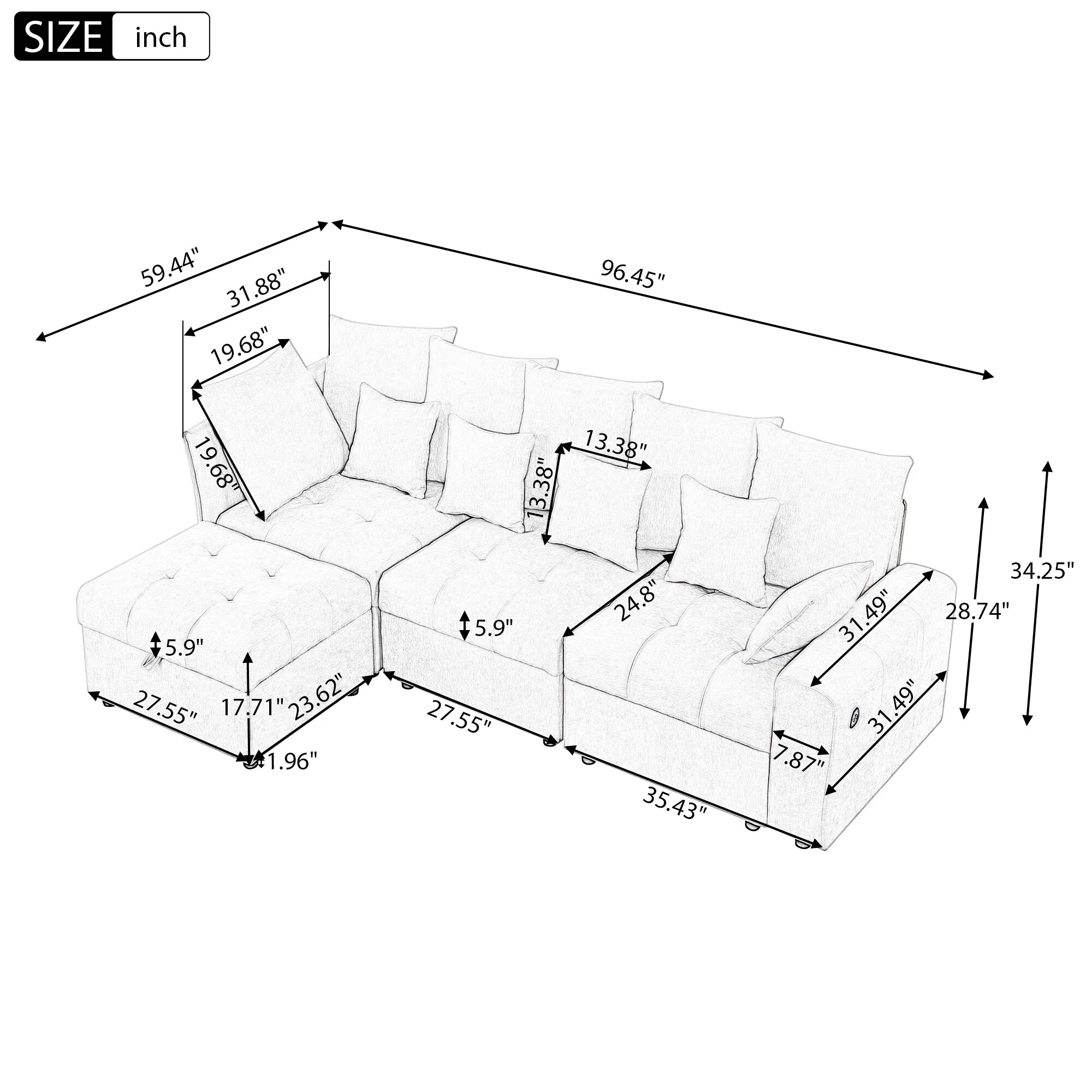 Beige 96.45'' Chenille 4-Seater Sectional Sofa with Removable Storage Ottoman, 3 USB Ports, and 5 Comfortable Back Cushions