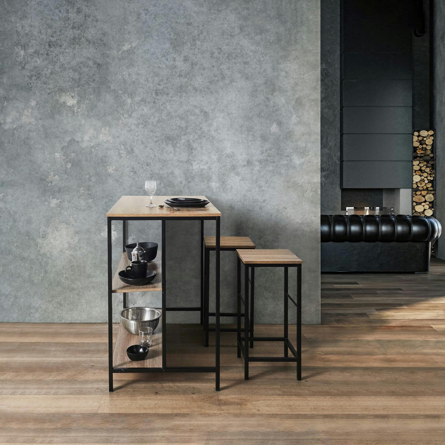 - Ensemble table de bar avec rangement et 2 tabourets en métal et mdf