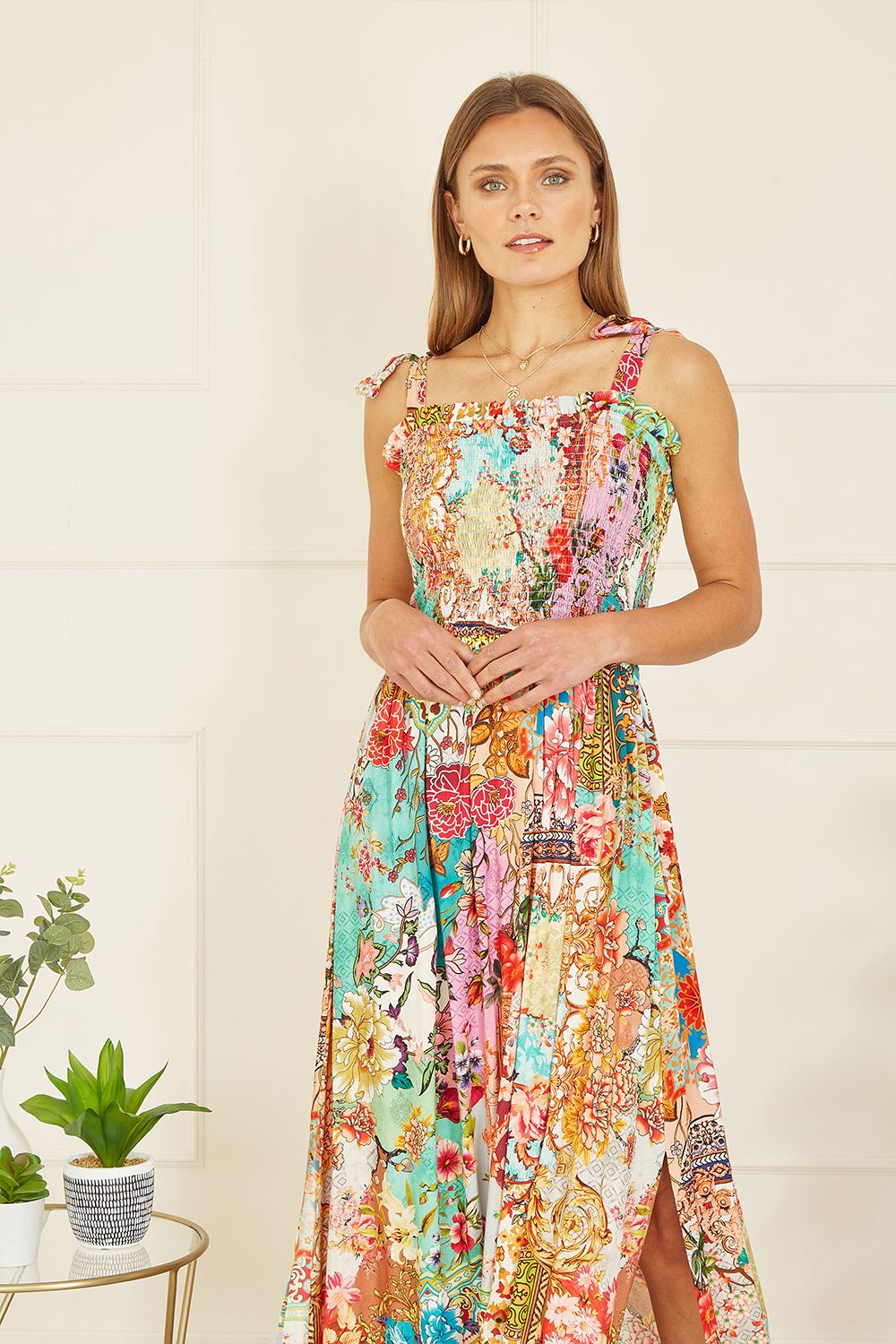 Yumi Multicolour Patchwork Split Hem Maxi Dress With Tie Straps