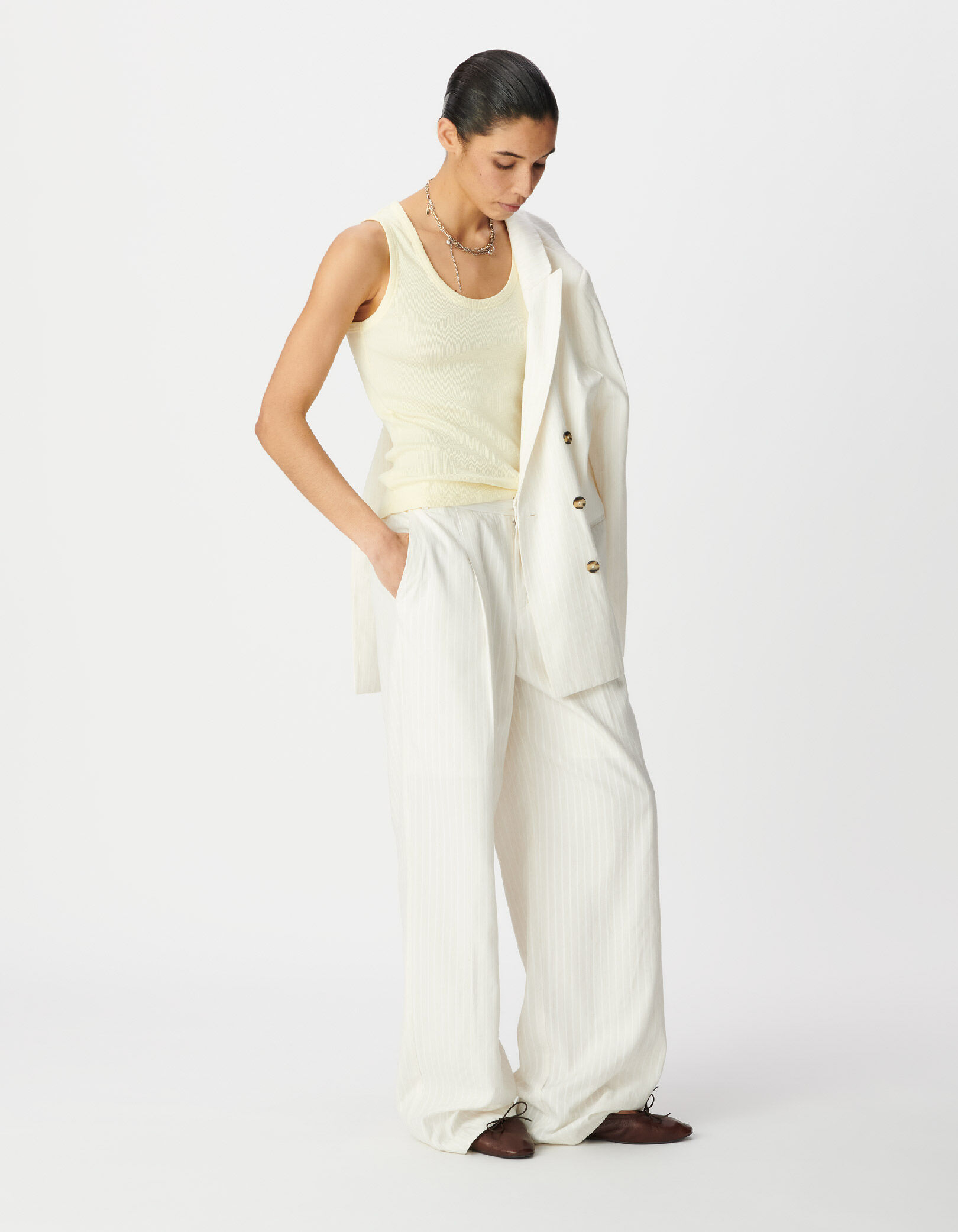 Débardeur jaune côtelé broderie chevrons Femme
