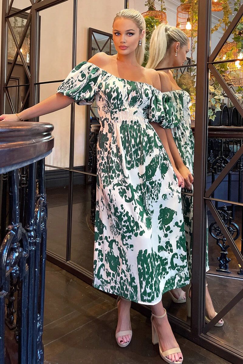 AX Paris Cream and Green Printed Elasticated Waist Bardot Midi Dress