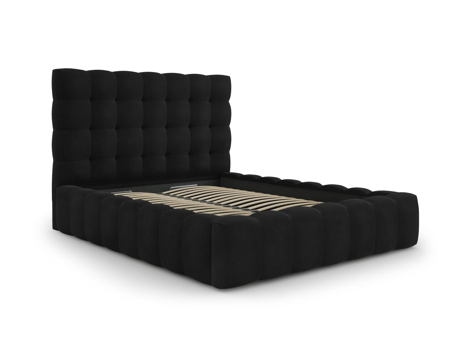 MAMAIA - Lit coffre en avec tête de lit 160x200cm en tissu velours noir